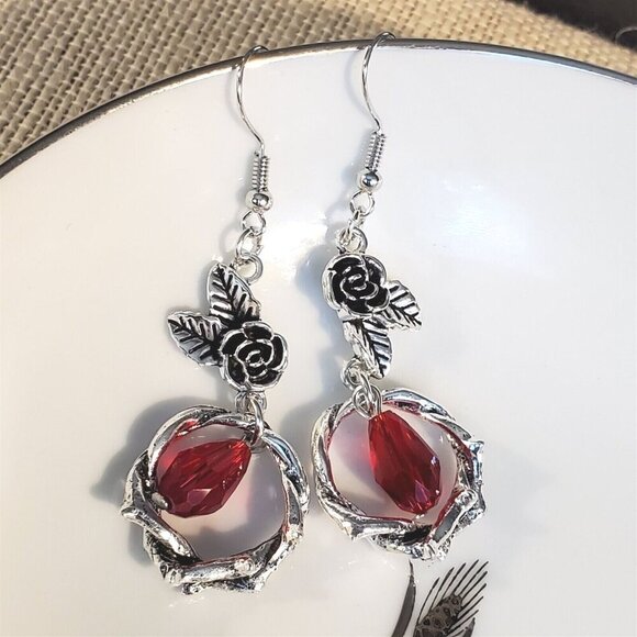 Vampire Goth Blood Red Crystal Teardrop Roses Dead Vines Silver Enamel Earrings - Picture 4 of 7